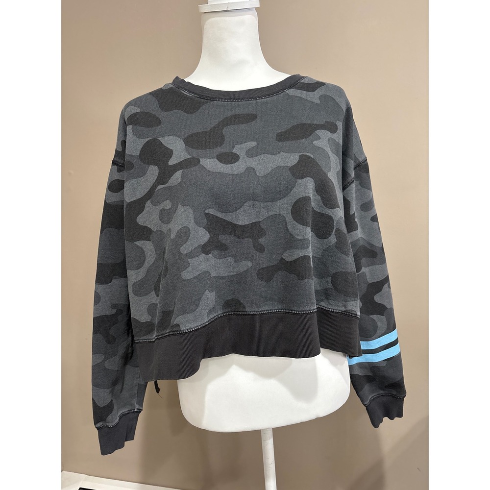 Addison Bay Womens Camo Cropped Sweatshirt Grey Black Blue Stripe Size M
